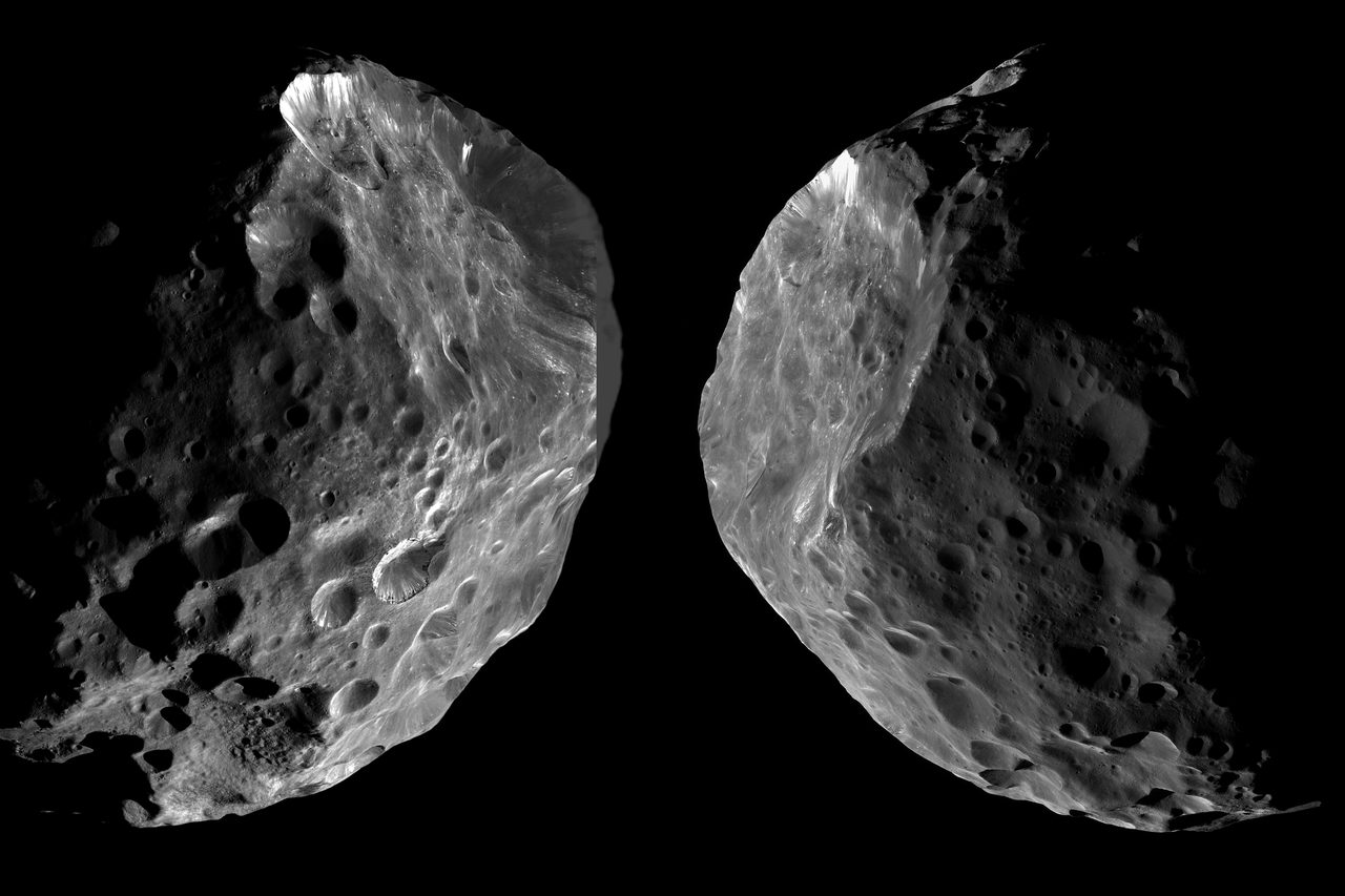 Cassini spacecraft's approach and departure views of Saturn's moon Phoebe during its first targeted flyby.