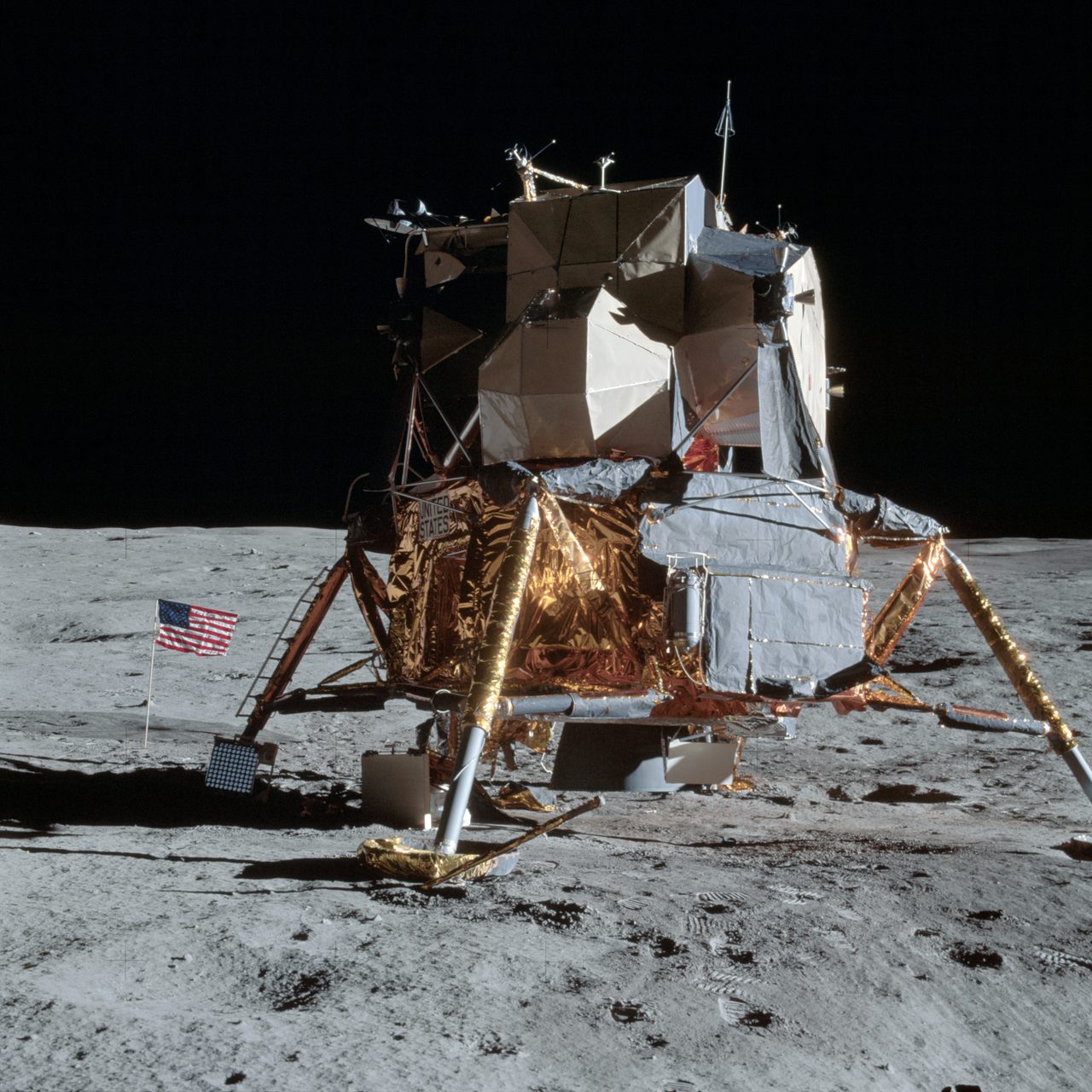 Apollo 14 Lunar Module stationed on the moon's surface, illustrating human achievement in space travel.