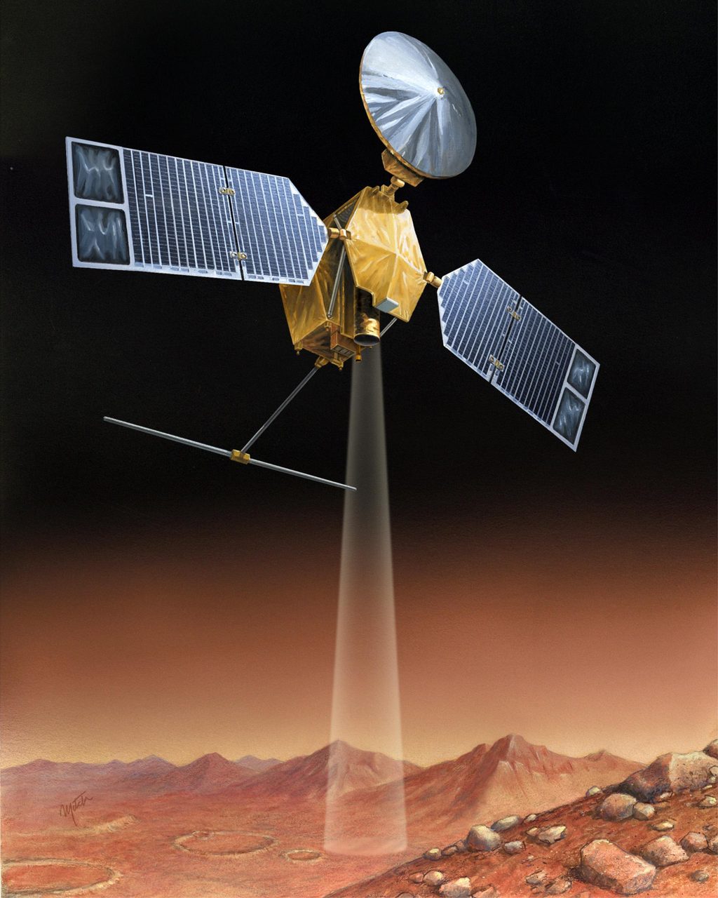 Artist's rendering of NASA's Mars Reconnaissance Orbiter with solar panels in space.