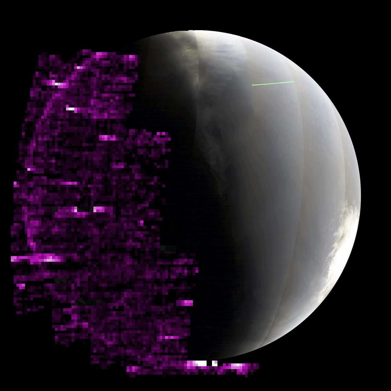 Animated GIF showing purple auroras on Mars' nightside during a solar storm, detected by MAVEN in May 2024.