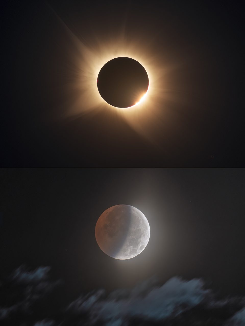 Two celestial bodies partially overlapping during a solar eclipse, set against a dark sky.