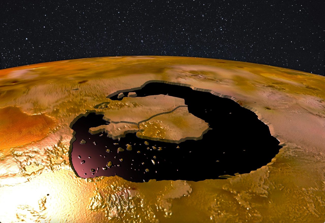 Artist's concept of lava islands within Loki Patera on Jupiter's moon Io, based on NASA's Juno spacecraft data.