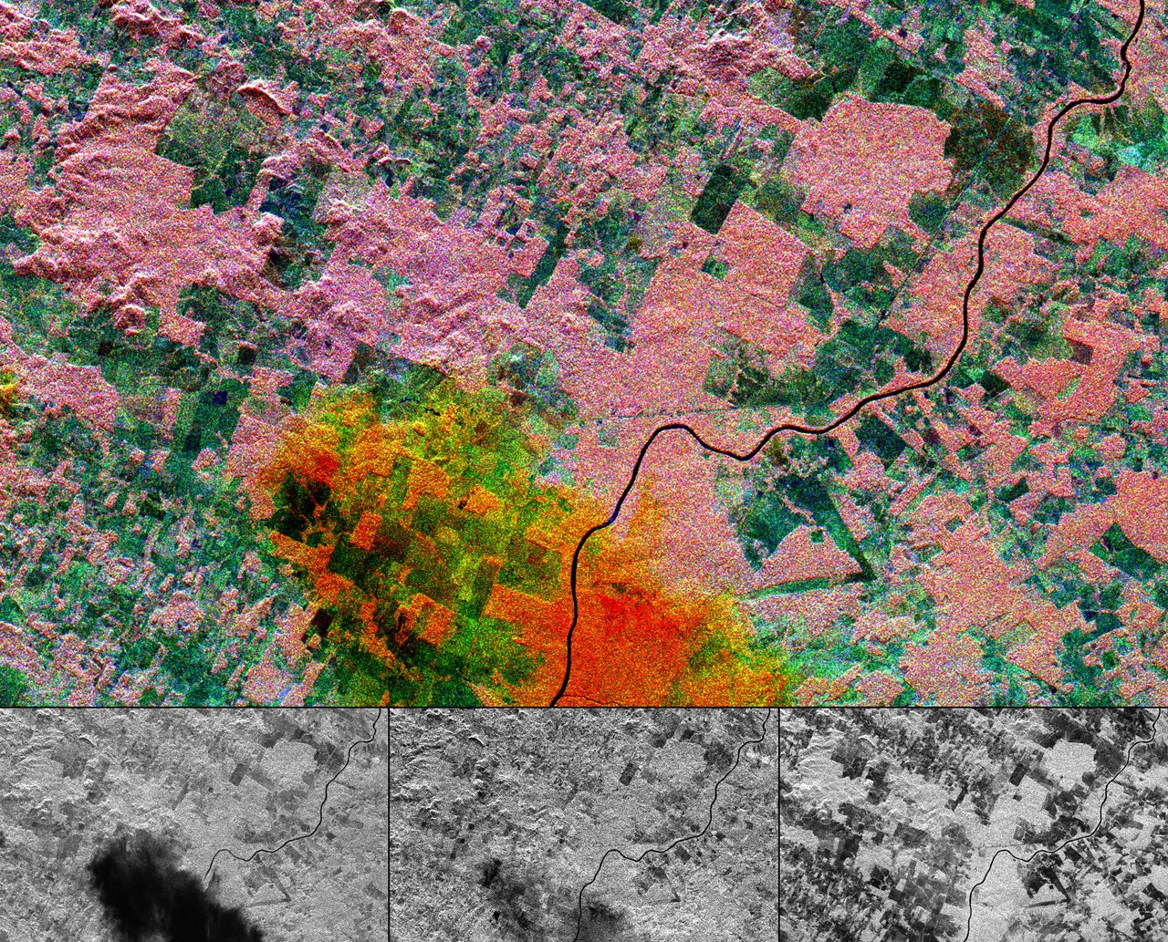 Multi-frequency radar image showing land use changes in Rondonia rainforest, Brazil, with rainstorm penetration capabilities.