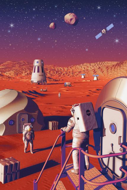 Conceptual illustration of infrastructure connecting the Moon to Mars, featuring futuristic transport systems.