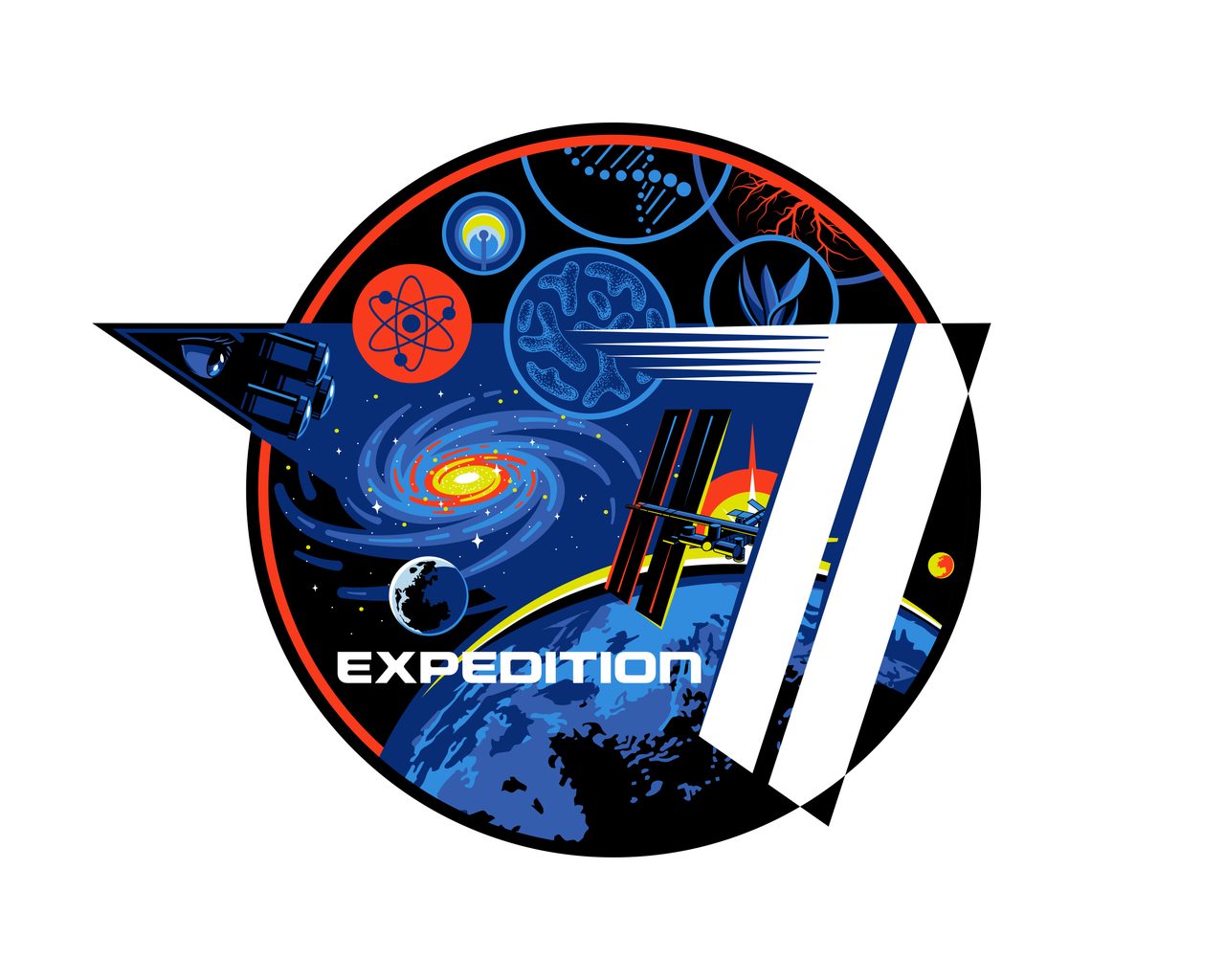 Colorful embroidered patch for Expedition 71, featuring a spacecraft and stars, approved on August 31, 2023.