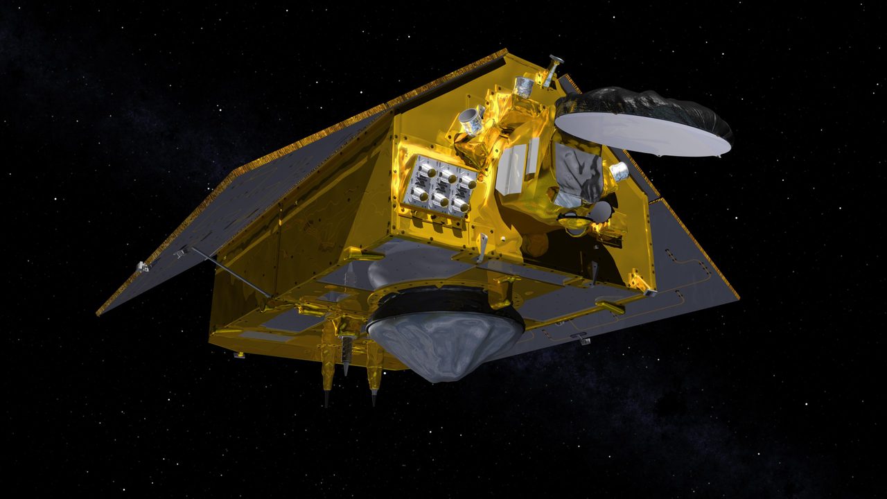 Illustration of Sentinel-6 Michael Freilich satellite in orbit, solar panels extended, above Earth's surface.