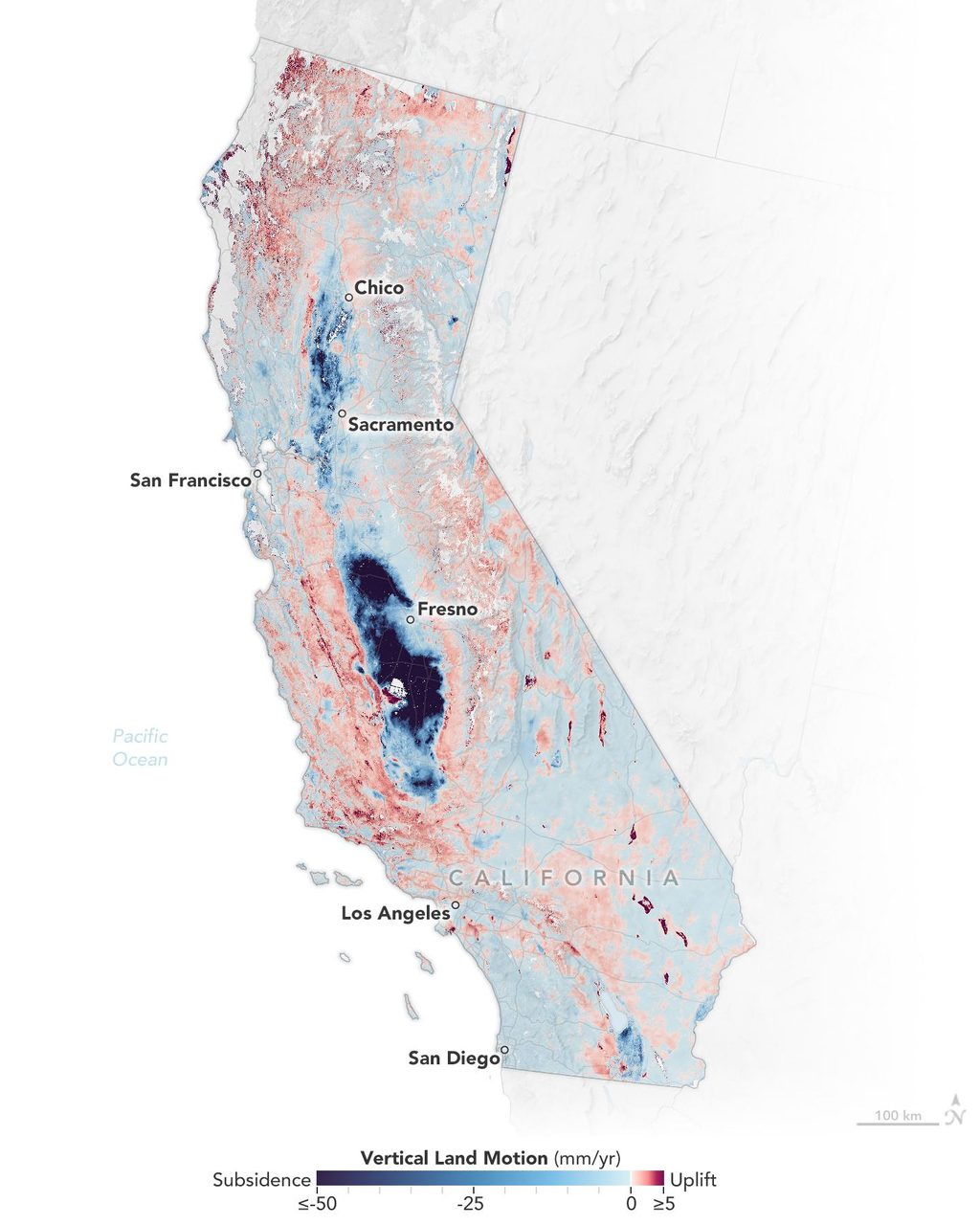 Detailed map illustrating areas of land subsidence and uplift along California's coast from 2015 to 2023.