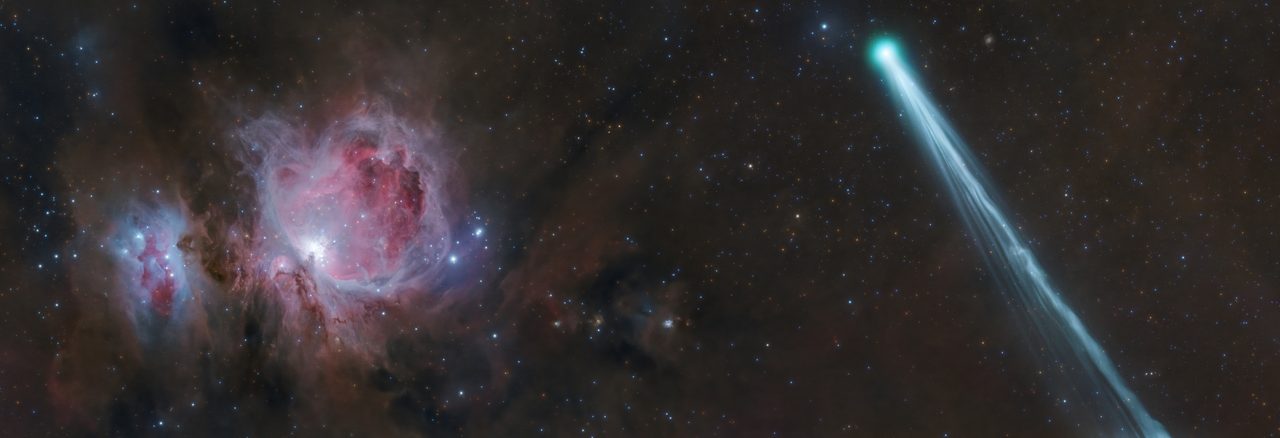 A bright comet R3 PanSTARRS near the colorful Orion Nebula in a star-filled night sky.