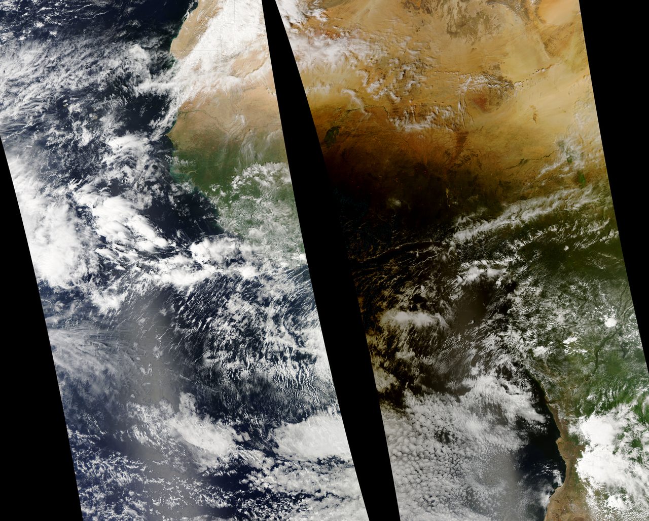 A satellite view of the lunar umbra shadow cast over western Africa during a solar eclipse.